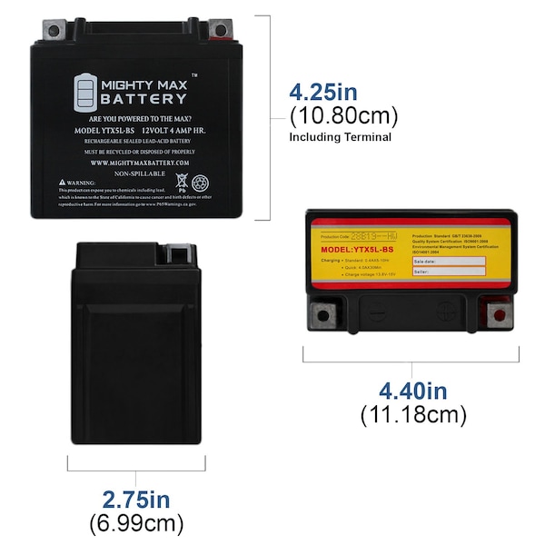 12V 4Ah Replacement Battery Compatible With TPE YB5L-BS MF - 10PK